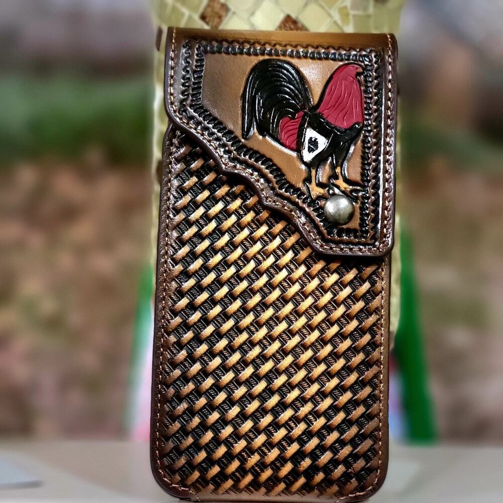 Rooster Leather Phone Holstor With Belt Clip LARGE 7x4" Basketweave Design